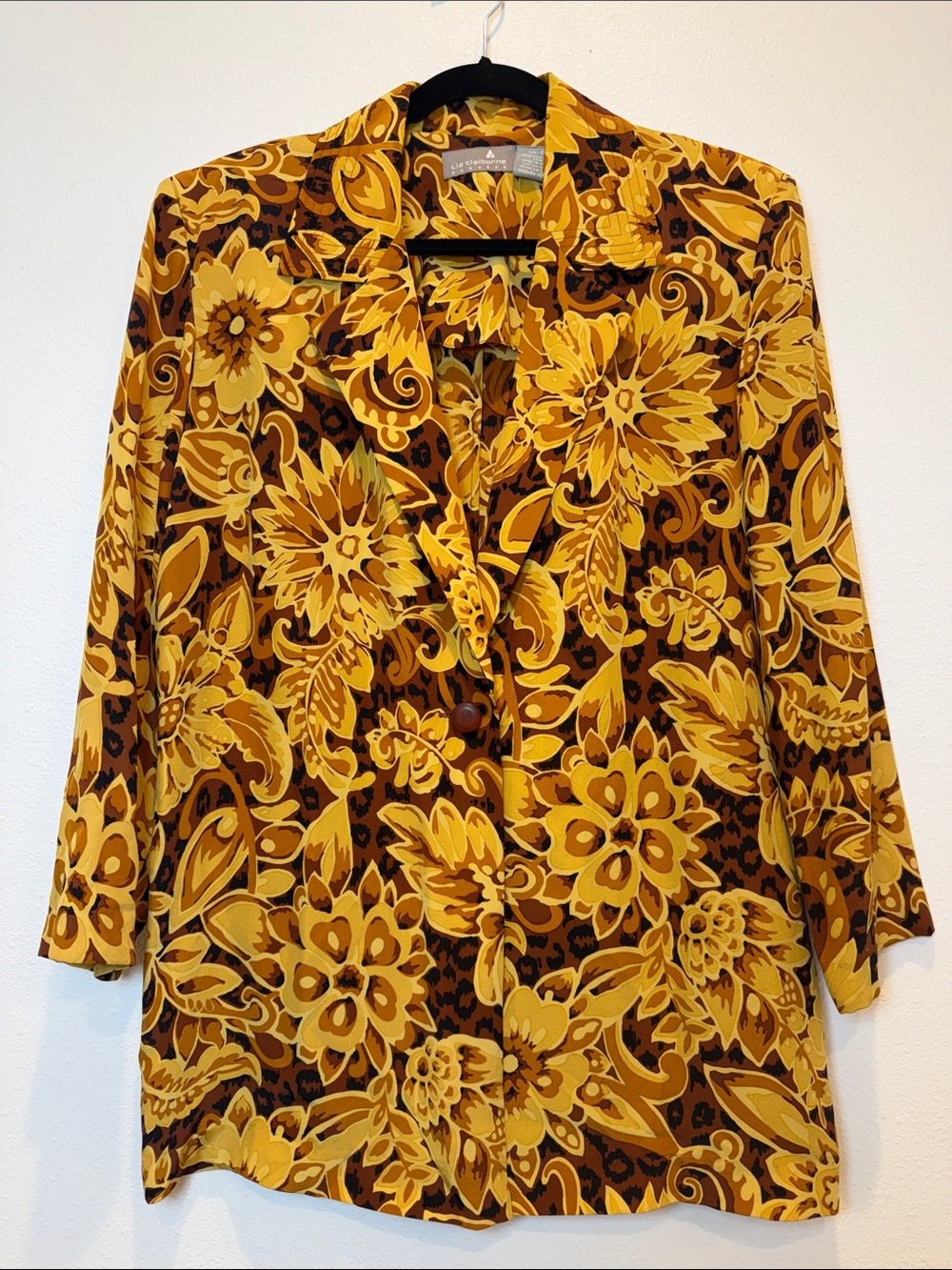 Vintage Liz Claiborne Brown Yellow Floral Button Front Women’s Blazer 100 Silk 8